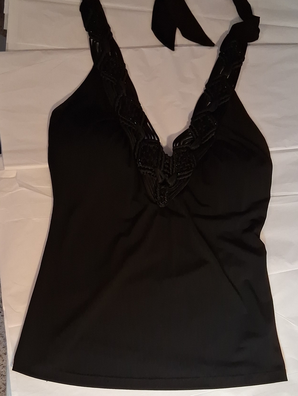 Cache Black Beaded Halter V-Neck Camisole
